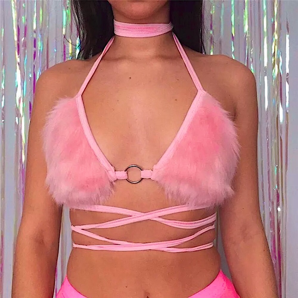 Pink faux fur festival bra top